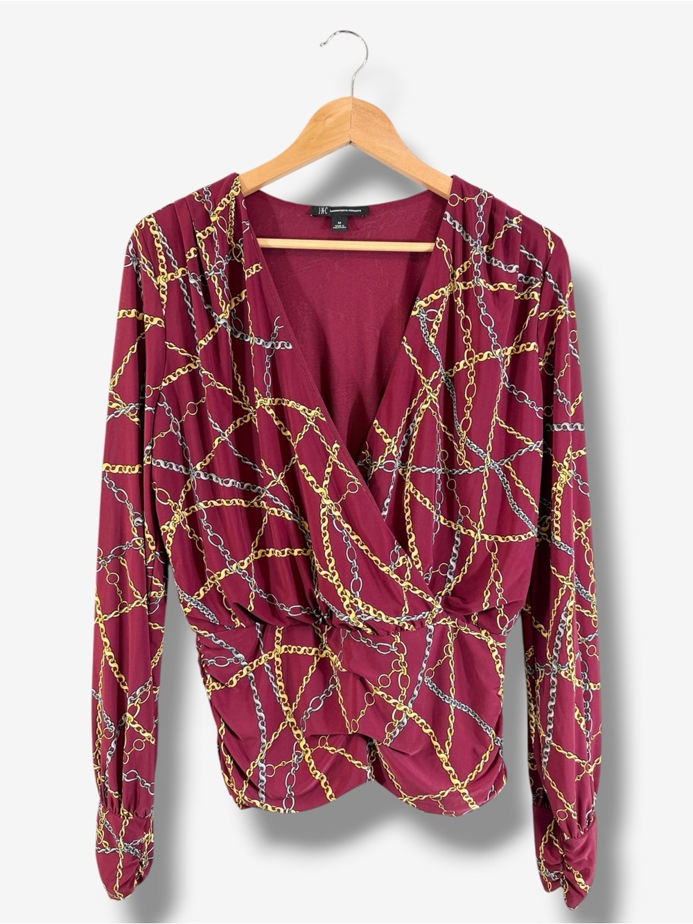INC Faux Wrap Blouse Size M Red Gold Chain Print Long Ruched Sleeve Surplice